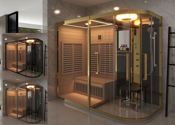 Relaxant sauna à cadre doré combiné salle de vapeur pour la maison avec douche